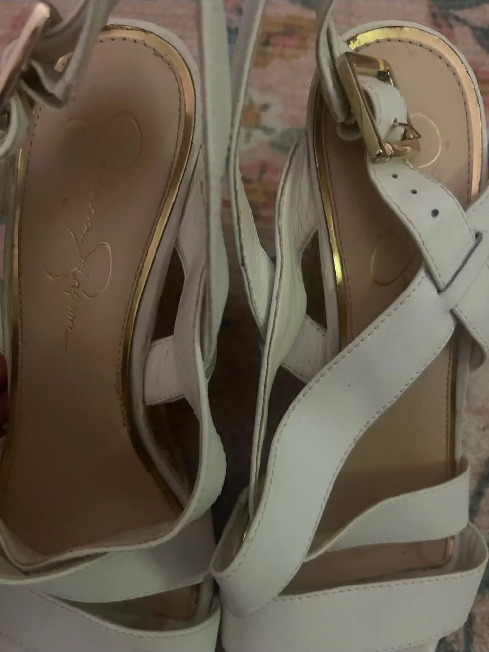 Jessica Simpson Cream Woven Wedge Sandals with Ankle Buckle